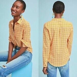 Maeve Petrin Tile Print Button Down Top Orange White 14